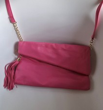 Hot pink fuscia soft leather shoulder clutch bag tassel gold chain