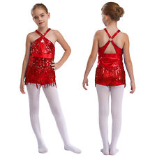 UK Girls Sequined Tassel Tango Latin Dance Dress Ballroom Samba Rumba Costumes