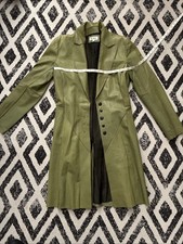 Jane Norris Leather Trench Coat Size 14 In Green Silk Lining