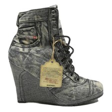 DIESEL Womens Lace-Up Wedge Ankle Boots Grey Canvas UK 5 Stylish Comfortable