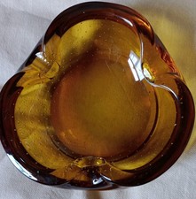 Small Vintage Amber Bubblicanti Glass Ashtray  1970 s 5 cm Tall.