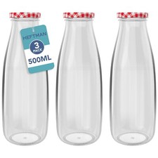 HEFTMAN Heftman Glass Milk Bottles Airtight Gingham Lids Drinks 500ml 3 Pack