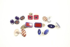 Sterling Silver Cufflinks Enamel Stone Set Vintage Cross Chain Link x 5 (59g)