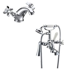 Traditional Chrome Round Neck Basin Tap & Bath Shower Mixer Tap Straight Legs *W