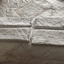 Exquisite Vintage King Size 100% Cotton Quilted Embroidered Bedspread + 4 Shams