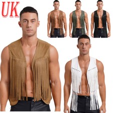UK Mens Cowboy Vest Tassel Rivets Fringe Waistcoat Western Jacket Rock Costume