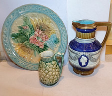 3 pieces English  Victorian Majolica  pottery. 2 jugs & plate