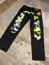 Evisu Mens Denim Jeans - Neon Green Camo Large Seagull Logo - New - 32