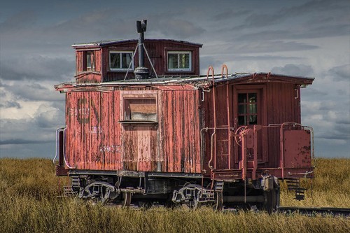 Old red train caboose print - "old,