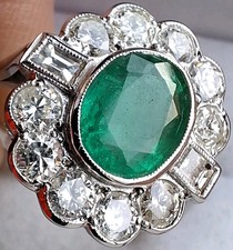 Art Deco 1.7Ct Emerald & 1.4Ct Diamond Cluster Cocktail Engagement Ring Size P
