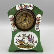 Antique 1910s Royal Austria O&E.G Porcelain Mantel Clock Green Floral Birds 15cm