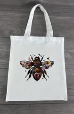 White Floral Bumble Bee Canvas Tote Shopping Bag - Grocery Bag - Shopper  Uni