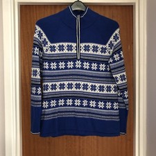 Talbots Ladies Vintage Cotton Blue White Nordic Style 1/4 Zip Christmas Jumper,M