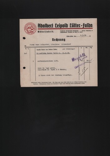 Lütter fulda invoice - lütter-fulda,, 1939