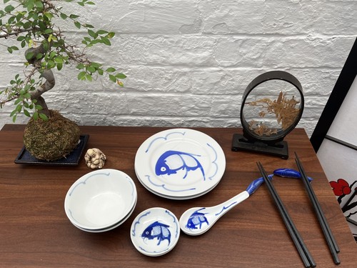 Japanese blue koi bowls - x,