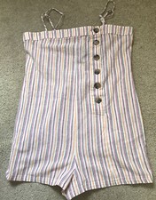 NWT TOPSHOP SZ 12 CREAM PINK MUSTARD STRIPE 100% COTTON BIG BUTTON PLAYSUIT £29a