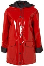Men's Red Mac Black PVC Vinyl Hooded Long Shinny Coat Trench Rain Jacket