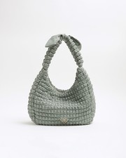 River Island Girls Shoulder Bag Khaki Nylon Scrunch Strap RI Patent Scrunch