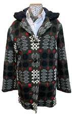SUPERB RARE WELSH TWEED TAILORED LADIES HOODED COAT IN GREEN & BLACK RED UK 12