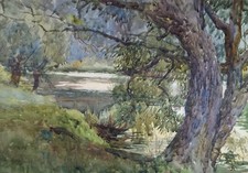 Original Watercolour, 'Riverbank with willows', Circa 1900