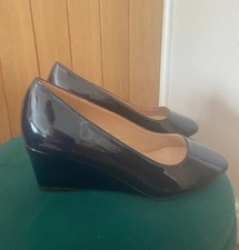 Blue Navy patent Heel wedge court shoes wide fit 5 new RRP £24 Slip On