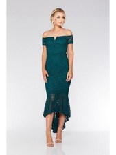 QUIZ Lace Sparkly Green Dipped Hem Evening Cocktail Party Prom Maxi Dress 12 UK