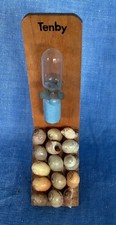 VINTAGE NOVELTY BLUE SAND EGG TIMER - WOODEN STAND WITH SEASHELLS