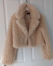 Pretty Little Thing Faux Fur Teddy Bear Jacket Coat Size Uk8 Cream Cropped