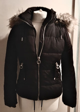 TOPSHOP HOODED PUFFER JACKET- BLACK,FUR TRIM, zip off hood,front zip - Size 4 UK