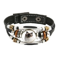 Birman Cat Pet Family Brown Leather Bracelet And Velvet Gift Bag