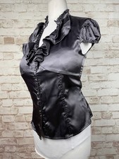 Grey Shiny Satin Ruffle Secretary Blouse Sissy Mistress Sz 14 36” Bust TV CD