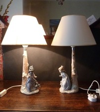 2x  Vintage Nao by Lladro Porcelain Table Lamps - Young Girls With Puppies