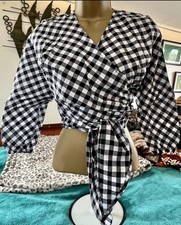vintage style black gingham check wrap top three quarter sleeves XS