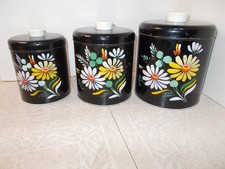 Vintage Ransburg Kitchen Canister 3 Piece Set Black Floral Hand Painted USA