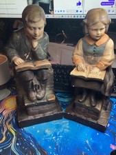 Vintage Children Bookends Pair,  Chalkware/Ceramic Figures Reading, 28 cm