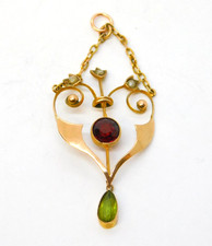 Edwardian 9ct Gold, Garnet, Peridot, Seed Pearl Lavalier Pendant Antique c1910