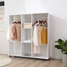 Mobile Open Wardrobe Storage Shelves w/6 Wheels Clothes Hanging Rail White