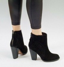 Women's Black Leather Suede Ankle Boot Heeled Zip Up Bootie Designer Memory Foam