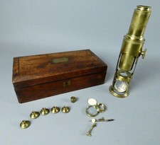 Vintage brass drum microscope with accessories and case c1890              #5442