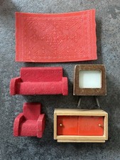 Vintage 50’s Dollhouse Living Room Furniture, Flocked Wood Sofa, TV, Sideboard