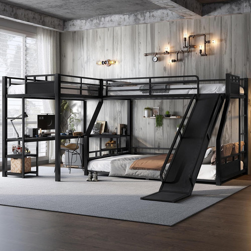 Shaped metal triple bunk - bunk, bed