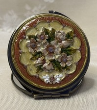 Vintage Italian Enamel Round Circular Compact Mirror - Purple Floral Flower