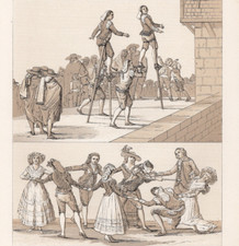 SPAIN - Stilt Walkers and Party Game Scene 1888 Antique Chromolithograph