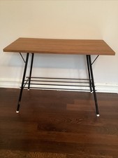 Small Atomic Wood Veneered Coffee Table Black Metal Magazine Shelf Underneath