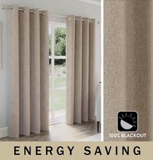 Natural 100% Blackout 46x90" Linen Look Eyelet Curtains Ideal For Living Rooms