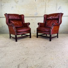Vintage Pair of English Cognac Leather Wingback Armchairs #A661