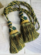 Vintage Victorian Style Gold & Green Ornate Tasselled Curtain Tiebacks Pair