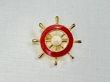 Vintage 1980s Gold Plated Nautical Brooch Ship Boat Rudder Steering Wheel Red