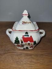 COVERED SUGAR ceramic bowl with lid CHRISTMAS VILLAGE Marsten Mandrajji MASON'S