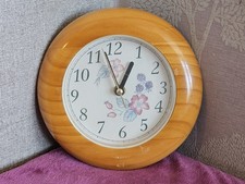 Vintage Pine Wall Clock with Pretty Floral Detail to Face - 20cm (8") Diameter